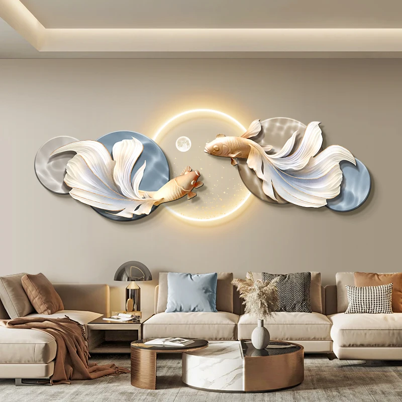 Modern simple style Living room decoration with Led lotus and lucky koi fish crystal porcelain surface wall decor