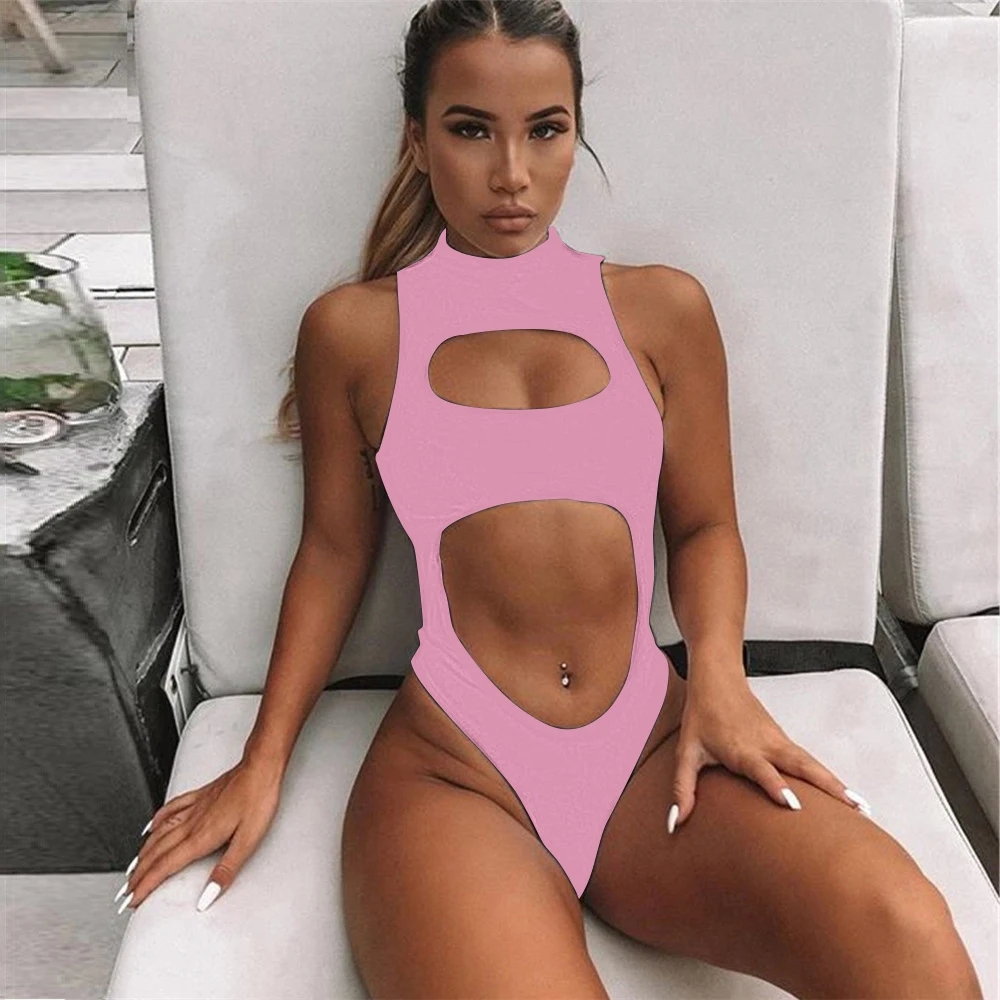 OEM пользовательский логотип, женский черный сексуальный цельный купальник, женский купальник с высокой горловиной, пляжная одежда, купальный костюм