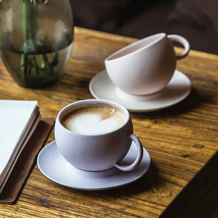 Custom creative design matte macaron color coffee cup and saucer ceramic cappuccino latte espresso cup set