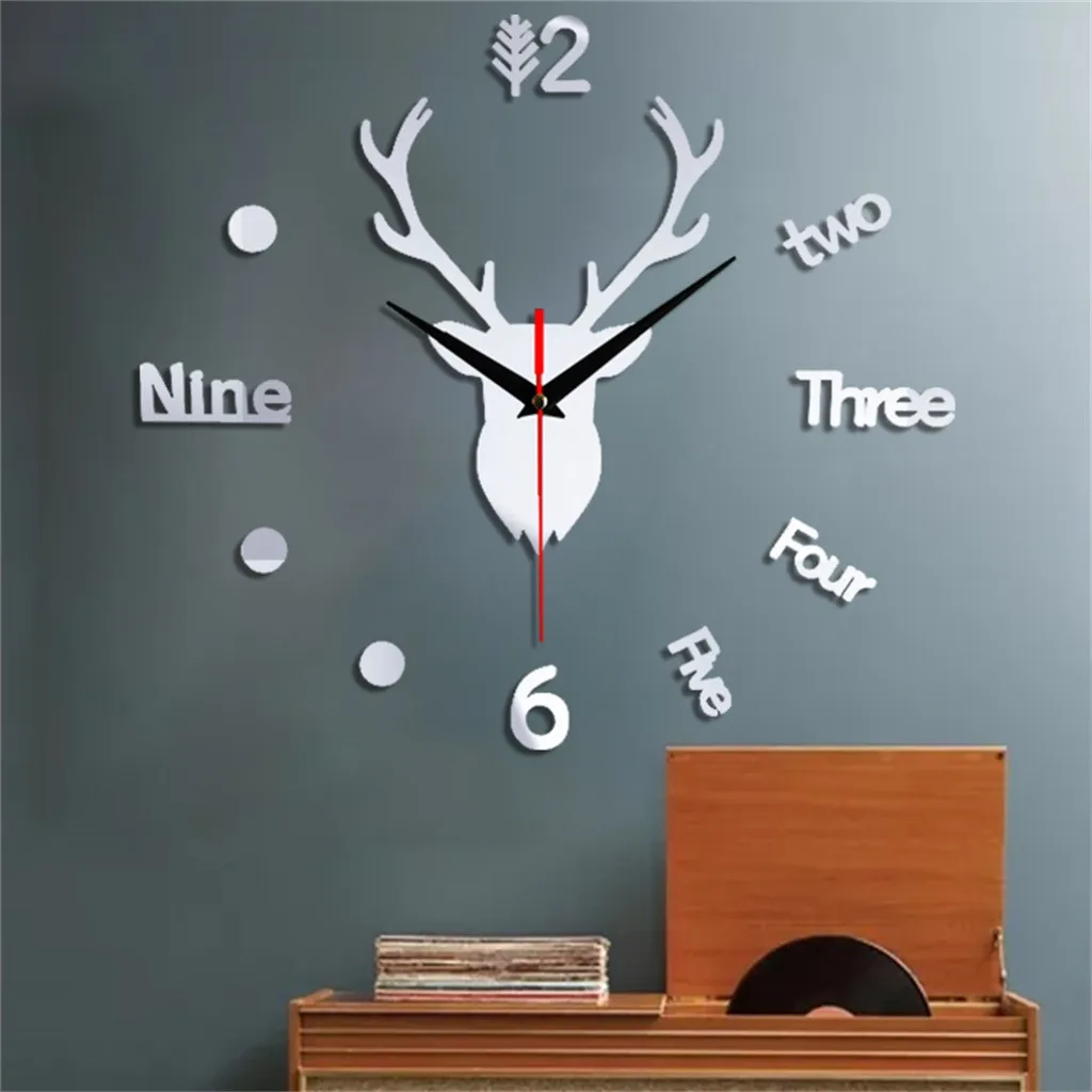 3D Acrylic Wall Clock Mirror Wall Sticker Deer Head DIY Large Small Wall Clock Watch For Living Room Home Decor