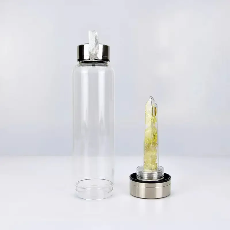 Nature Amethyst Glass Water Bottle With Crystal Stone Inside And Gem Stones Wholesale