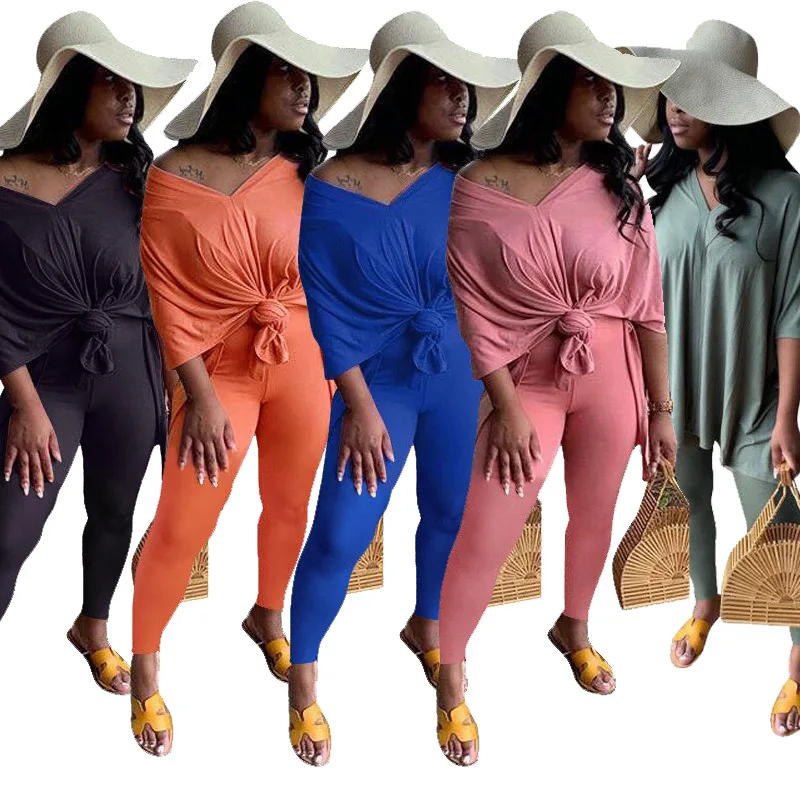 
2021 Fashion Casual Solid Color Plus Size Knotted Two Piece Set Women Clothing Fall Outfits Suit 