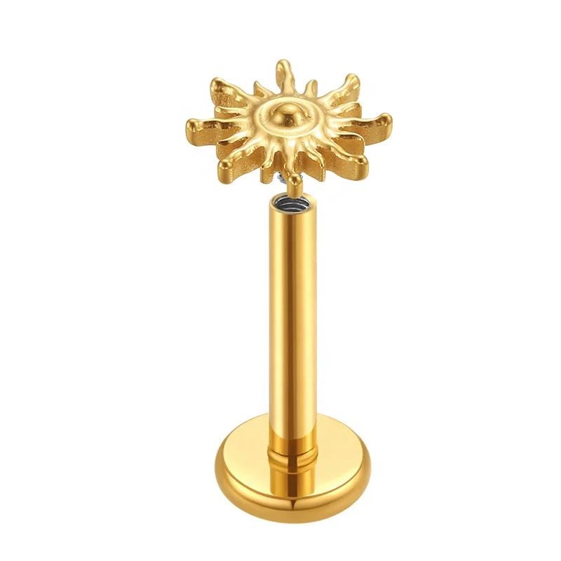 Yingsheng G23 Titanium Lip Studs sun Internally 24k gold platingThreaded Earring Flat Back Studs  Piercing for Monroe Cartilage