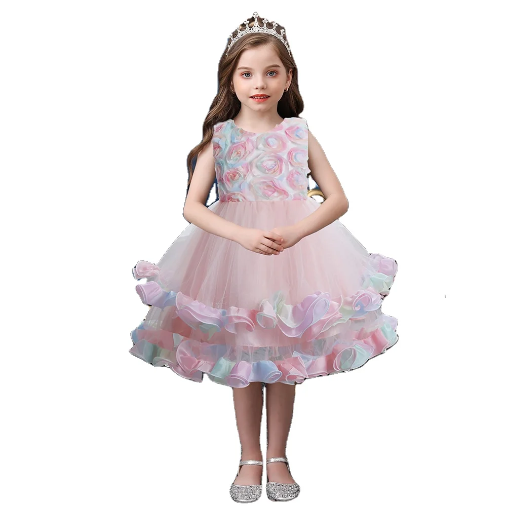 Wholesa new Pink Children Evening Dress for Girl 2-10 Year Flower Girls Tutu Dress for Wedding Elegant Girls Birthday Dresses