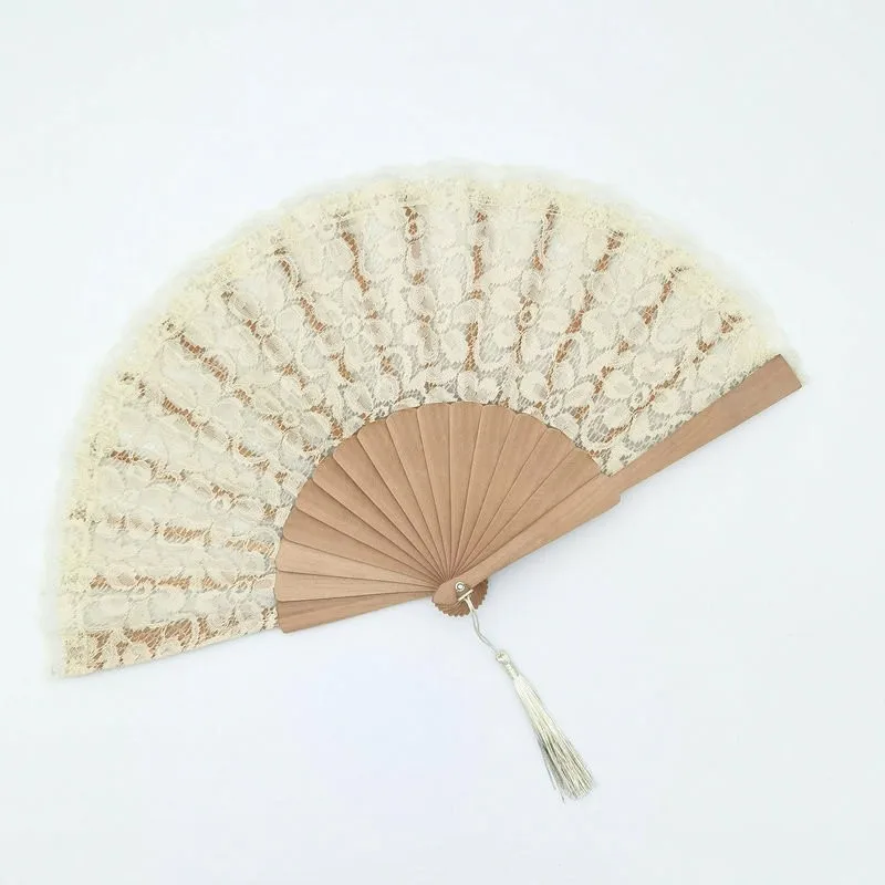 Hot sale Ivory lace wood foldable fan nature wooden art craft painted hand fan for women wedding and dancing