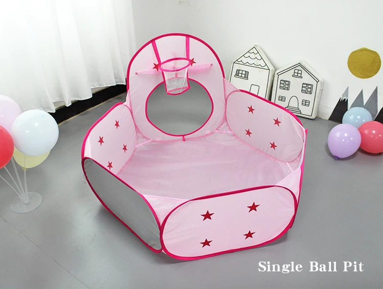 3 In 1 Pink Rocket Ship Kids Play Tent Foldable Indoor Outdoor Crawling Tunnel Ball Pit with Basketball Hoop Free Zipper Bag