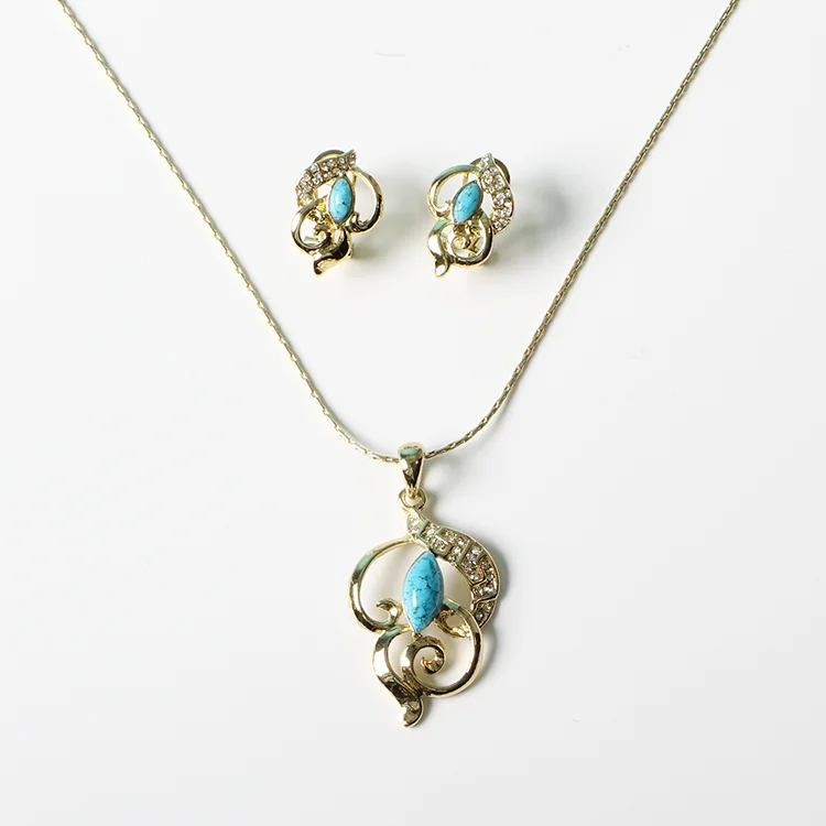 V&R Fashion Jewelry Acrylic Turquoise Stone And Crystal Rhinestones Earring Necklace Set  Jewellery