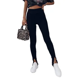 Custom Logo Solid Color Rib Knit High Waist Slit Winter Women Scrunch Butt Seamless Leggings