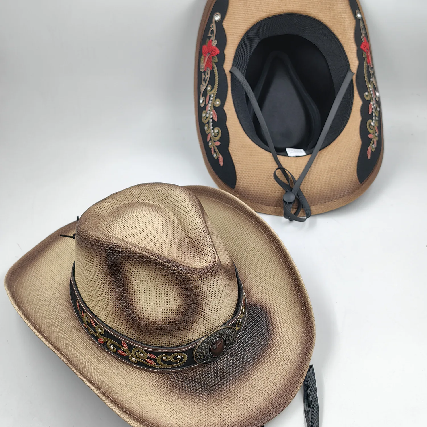 Men Women Vintage Embroidered Cashew Nut Flower Ethnic Straw Hat Outdoor Mountaineering Windbreak Ethnic Sun Protection Jazz Hat
