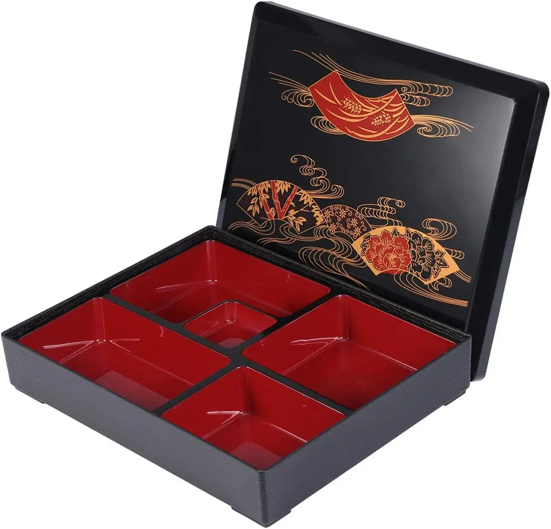 Japanese Traditional Plastic Lacquered Lunch Bento Box Divided Food and Rice and Sauce Reusable for Restaurant or Home