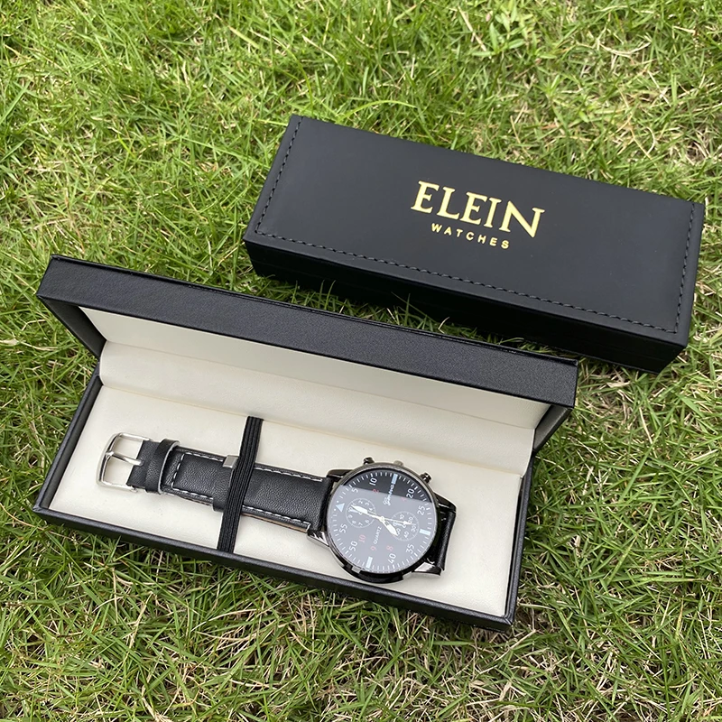 Lid and base black stiff paper box for watchband watch strap paper packaging with stamped gold logo