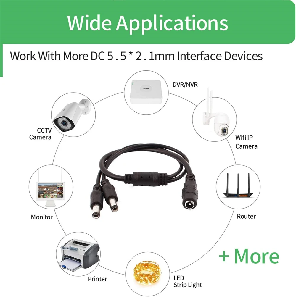 DC Power Splitter Cable DC 5.5mm x 2.1mm Female Jack to 2 Male Plug Y Power Extension Adapter For CCTV Cameras LED Light Strip