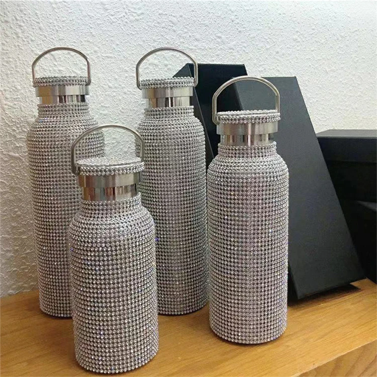 Creative Portable Handle Rhinestone Diamond Bling Bling 304 Stainless Steel Vacuum Thermos Water Bottle