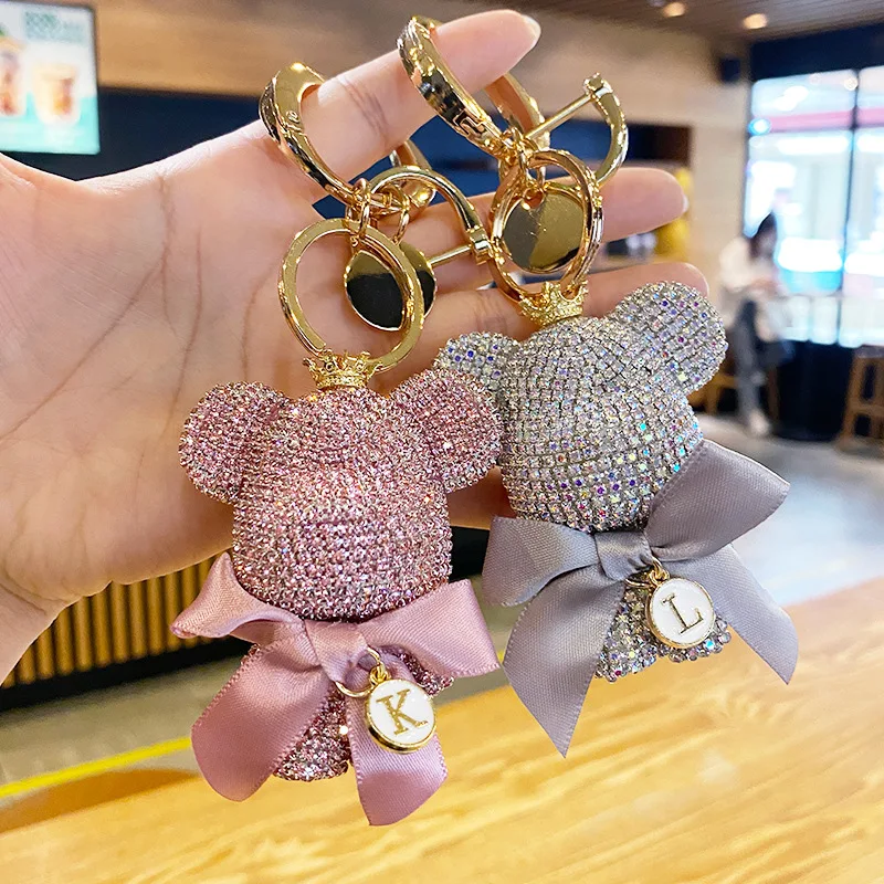 High Quality Crystal Rhinestone Teddy Lucky Bear Keychain Leather Metal Key Chain