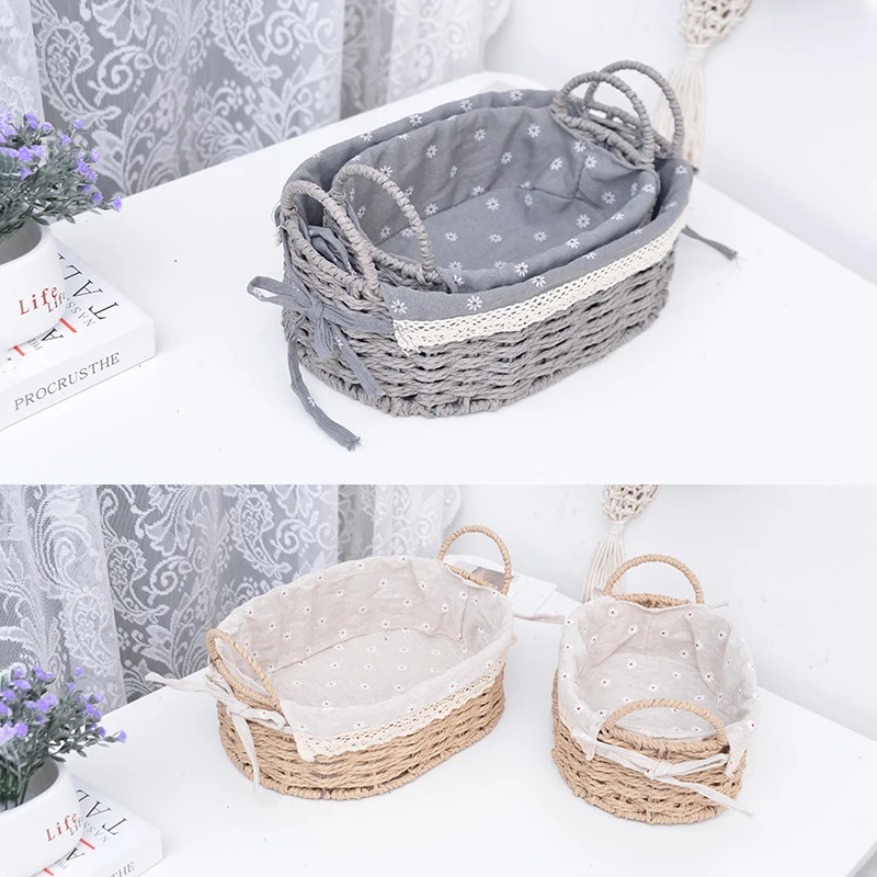 Popular Picnic paper rope woven hand basket custom pastoral style woven basket camping meal storage basket