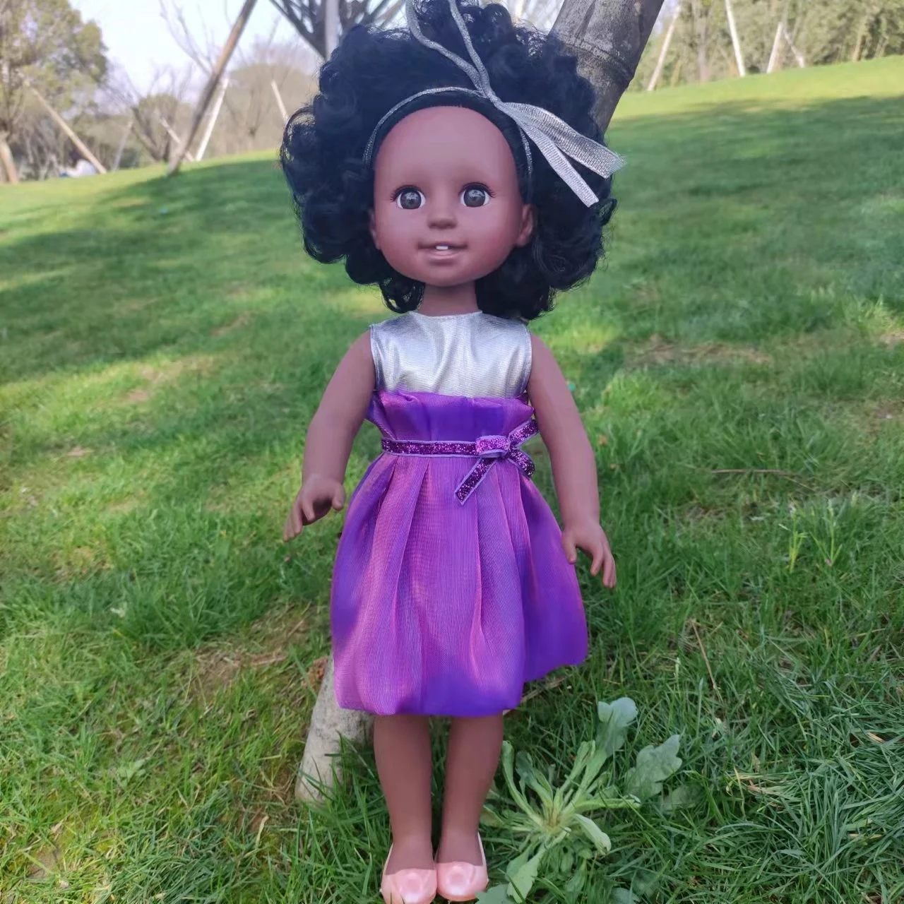 Factory direct sale 15 inch full vinyl can take a bath and dress up curly hair african black doll