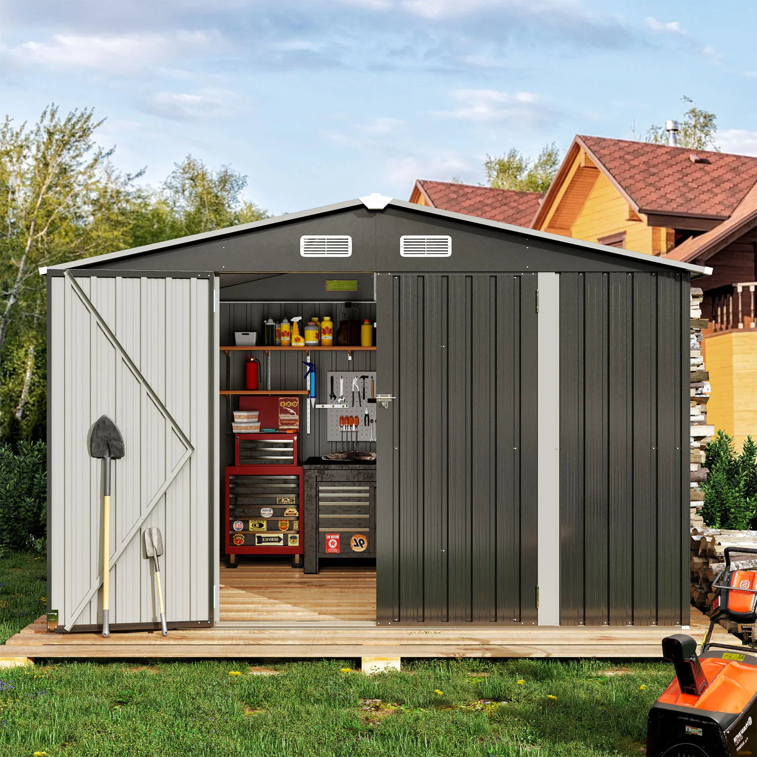 Outdoor Shed House with Double-Sliding-Door Metal Storage Garden Shed