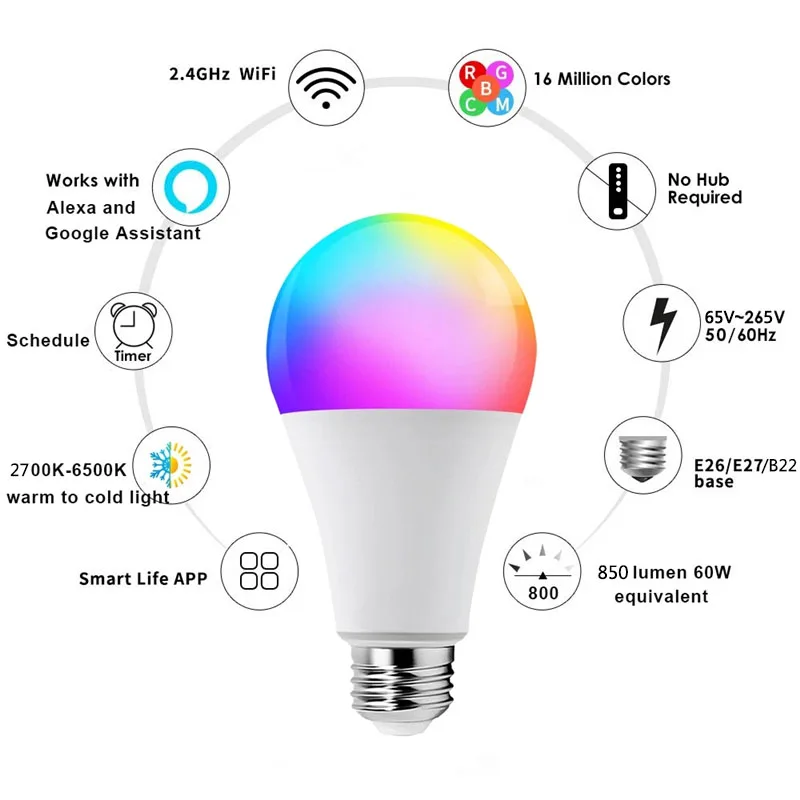 Сменная светодиодная лампочка RGB 7 Вт 9 E27 Tuya Wi-Fi bluetooth