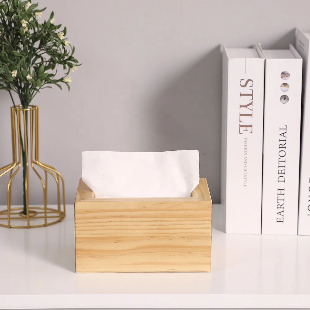 Wholesale Unfinished Natural Color Bamboo Wood Paper Storage Box Organizer Wooden Tissue Box Holder for Kitchen Bathroom