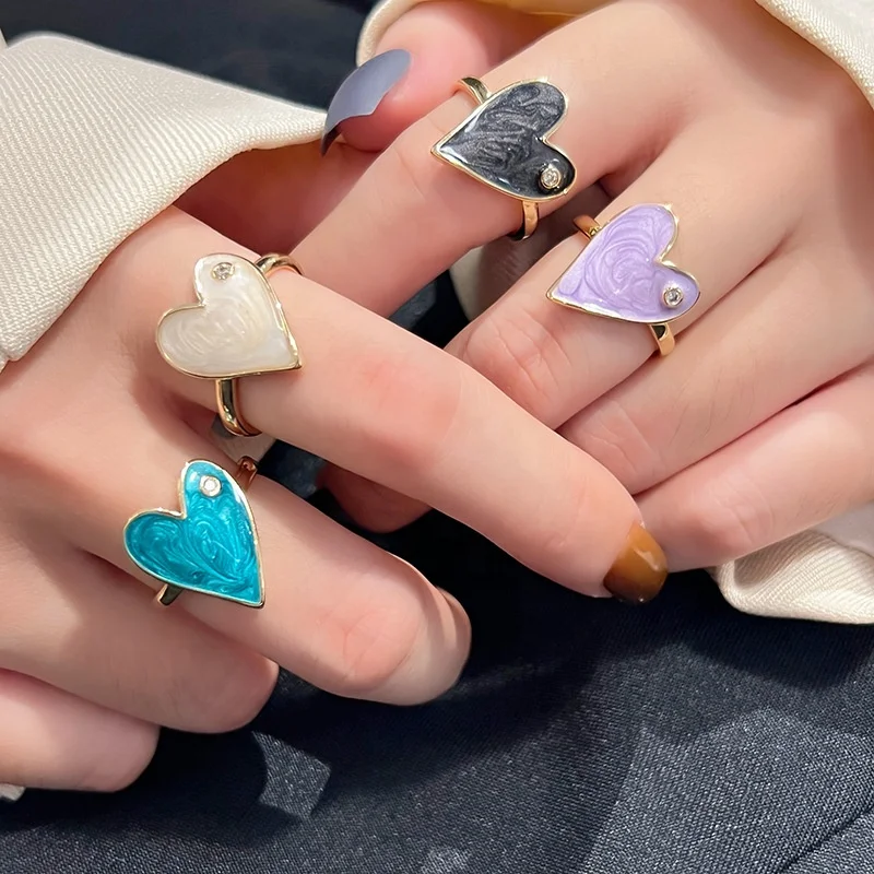 Handmade Enamel Heart Ring Blue Black  Purple Coloful Dripping Oil Silver Ring High Quality Hot Sale Free Print Logp Enamel Ring