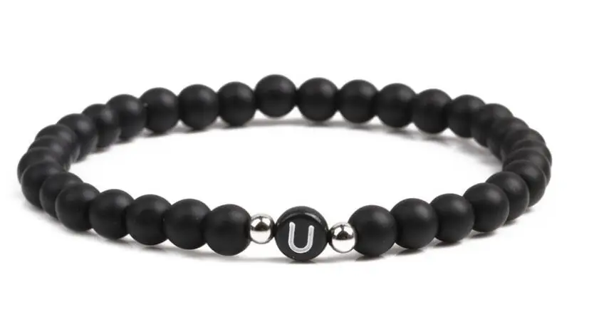Promotion 26 letter A to Z Natural black agate beads bracelet 6mm name bracelets for men