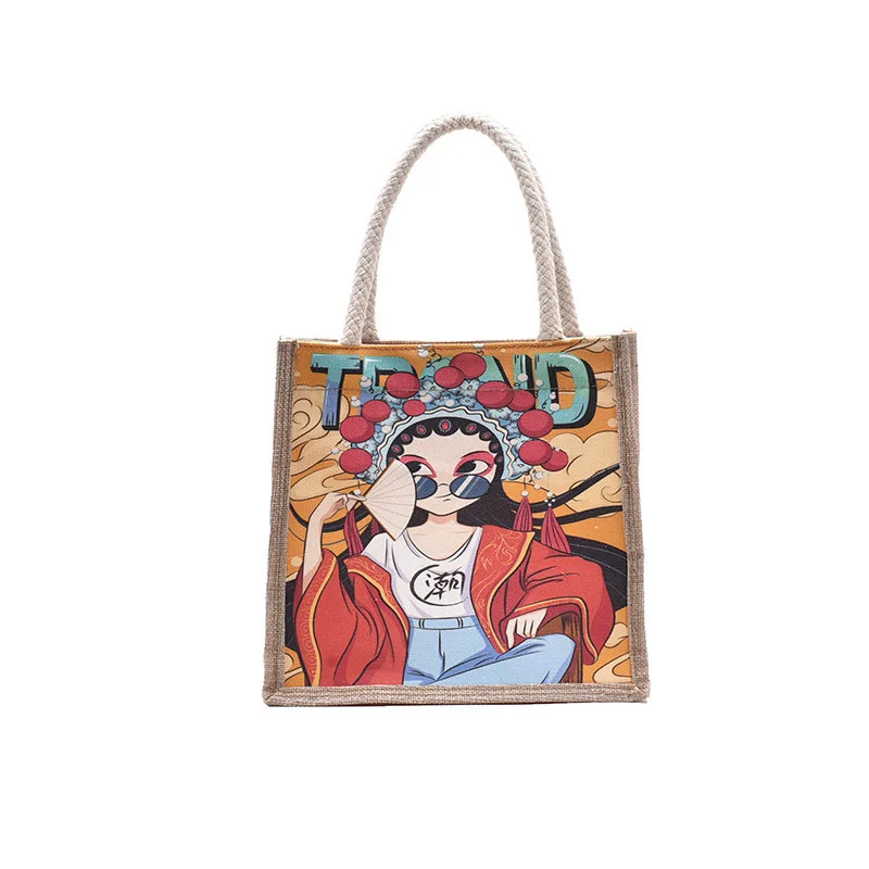 Reusable Eco-friendly mini Ladies outdoor linen Tote Bag customized cute cartoon printing jute small woman bags