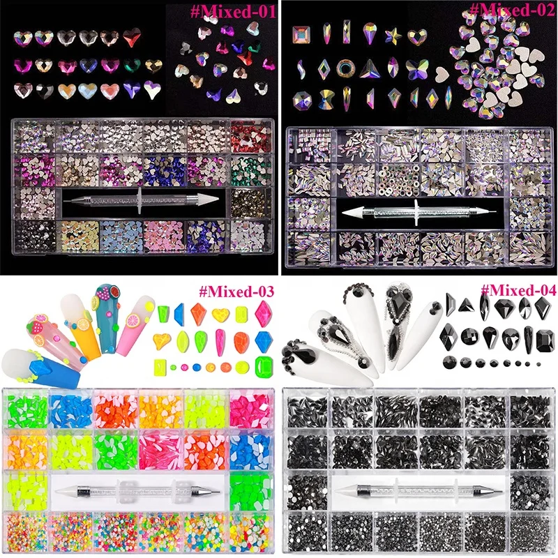 GREENKEM Hot Crystal AB Nail Art Rhinestones Mix Shape Fancy Shaped In Box Flat Bottom Glass Nail Diamond Rhinestone