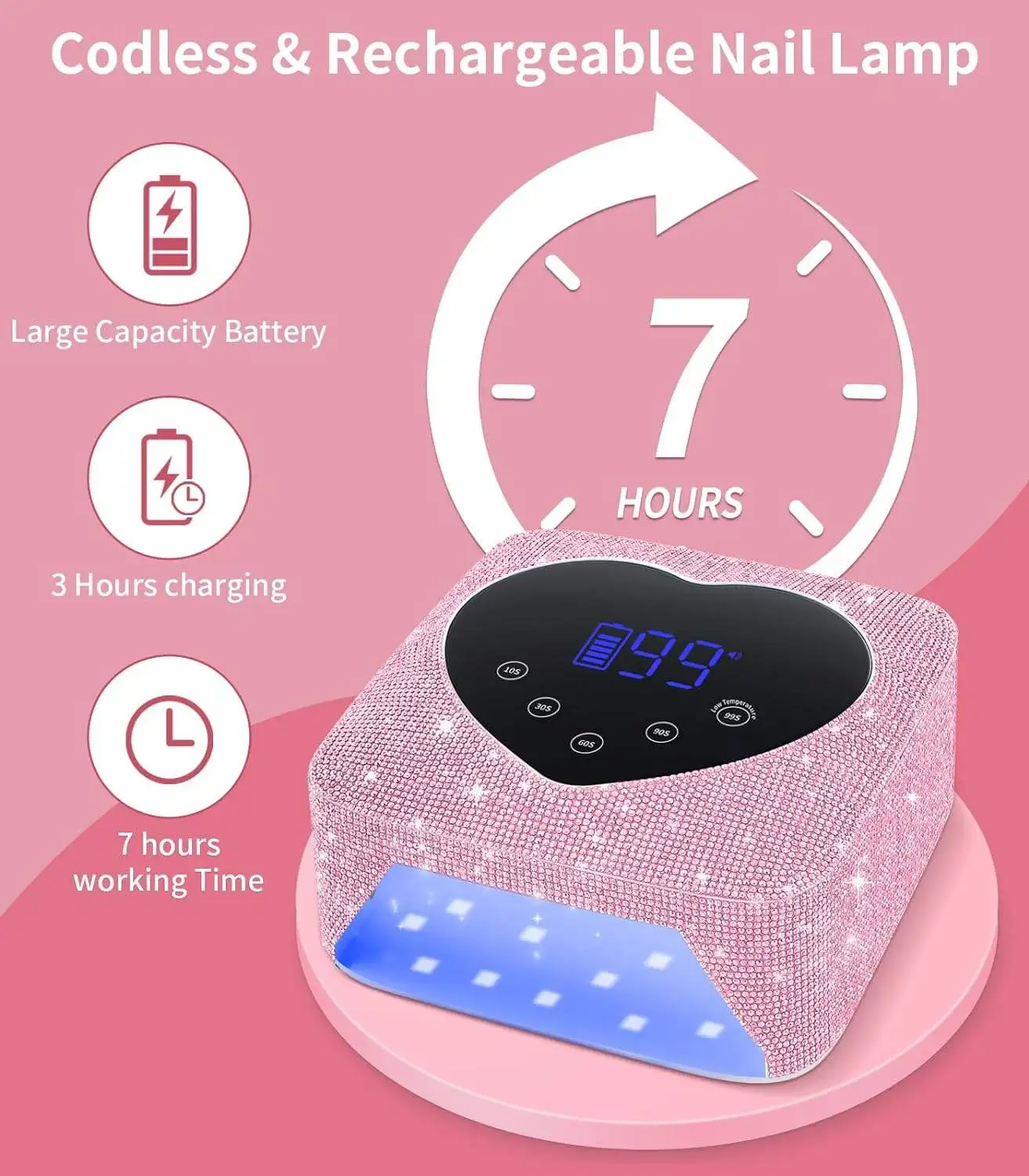 Rechargeable UV Nail Lamp Fast Nails Dryer Curing Lamp for Salon & Home Pink Heart Shape Diamond Gel Nail Polish UV Light