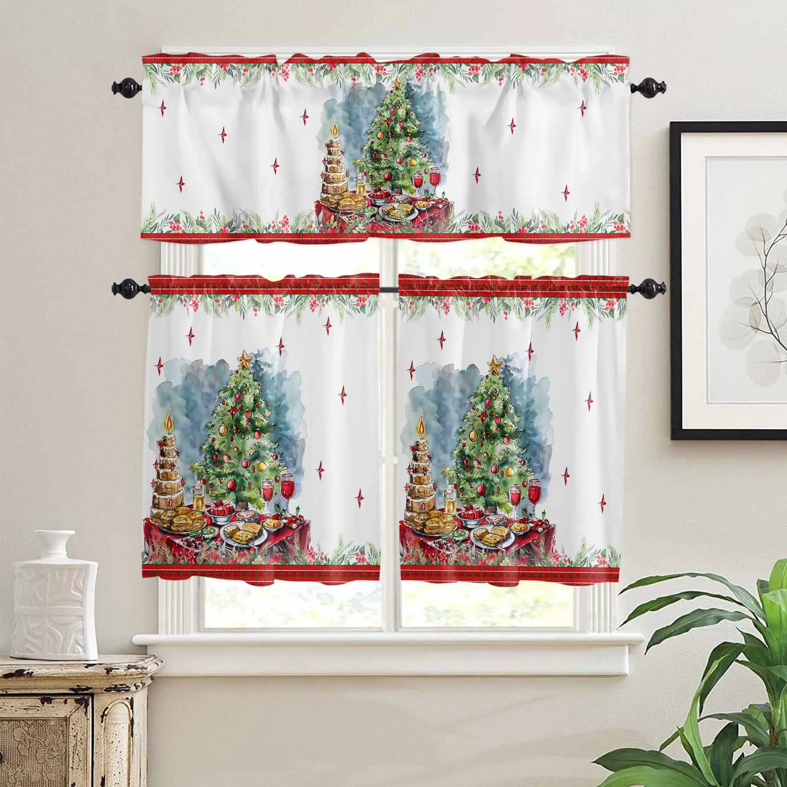 Wholesale 3PCS Christmas Kitchen Window Curtains Valance and Tier Set for Living Room Bedroom