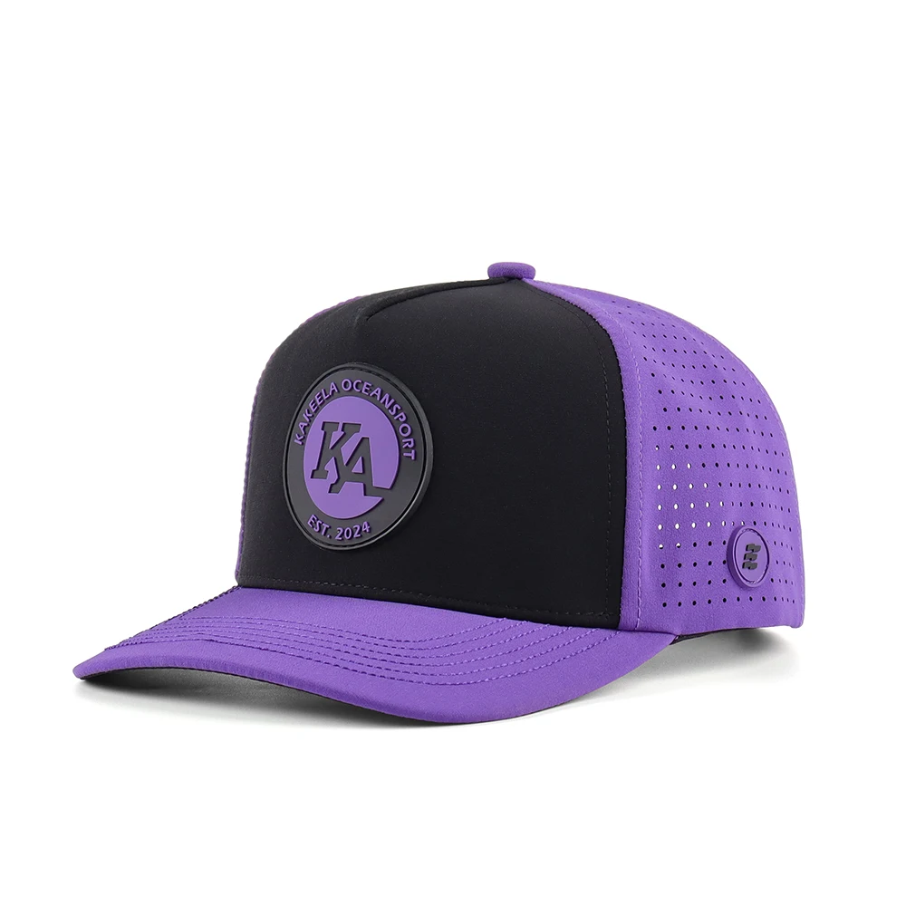 BSCI Factory laser perforated hats 5 panel waterproof caps custom inside tag back tag rubber side logo two colors mesh caps hats