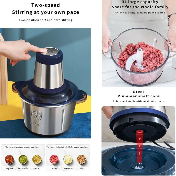 2L Stainless Steel Electric Slicer Meat and Vegetable Chopper Mixer with Meat Grinder for Home Kitchen Use