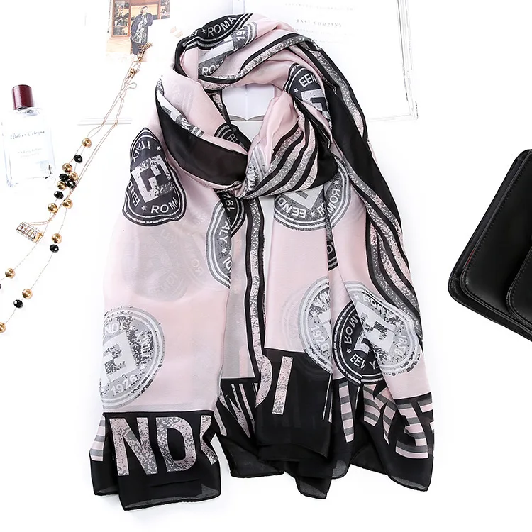 Simple Temperament Sunscreen Women Letter Circle Pattern Print Shawl Scarf New Silk Stain Digital Print Scarves In Bulk
