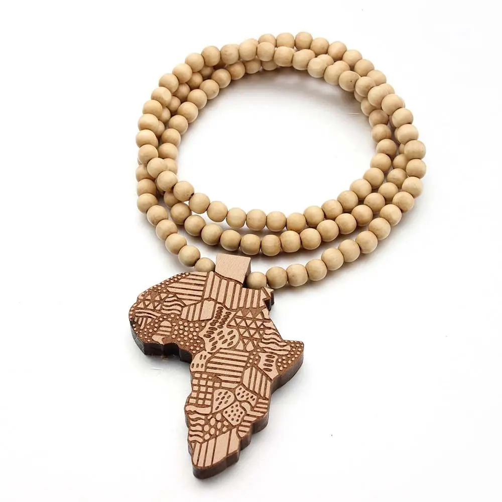 Hot Sell 8MM Wood Beaded Long Chain African Map Pendant Necklace For Women And Men