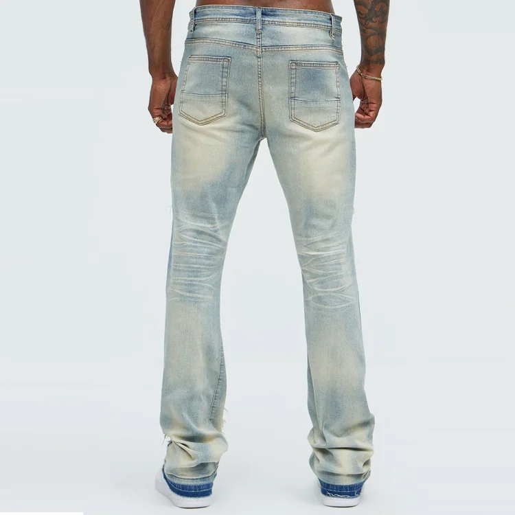 Custom High Quality Slim Flare Jeans Men Stretch Ripped And Repair Wash Straight Hip Hop High Street  Denim Pants
