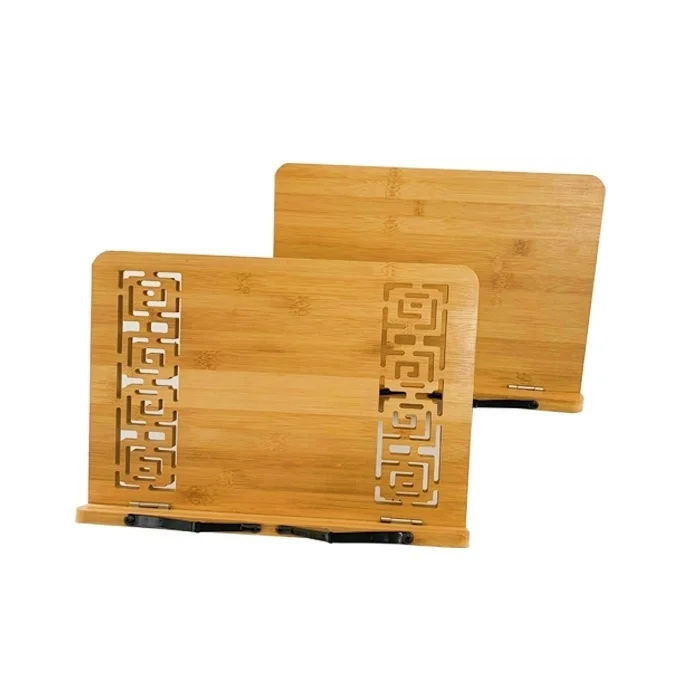 Addreen natural bamboo portable adjustable table book tray holder recipe book holder bamboo book stand  with Page Paper Clips