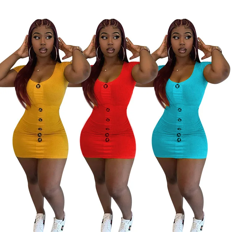 2022 new arrival Short Sleeve Mini Dresses Women Party Sundress O Neck solid color Bodycon  Summer dress