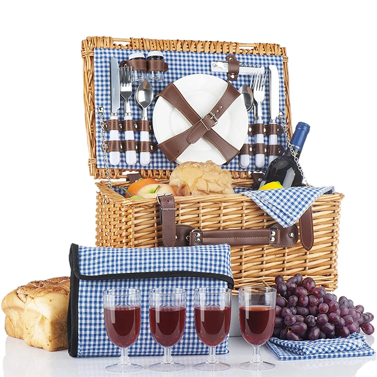 YRMT Wholesale Wicker Picnic Basket Hamper Set for 4 person outdoor wicker picnic lunch with lid