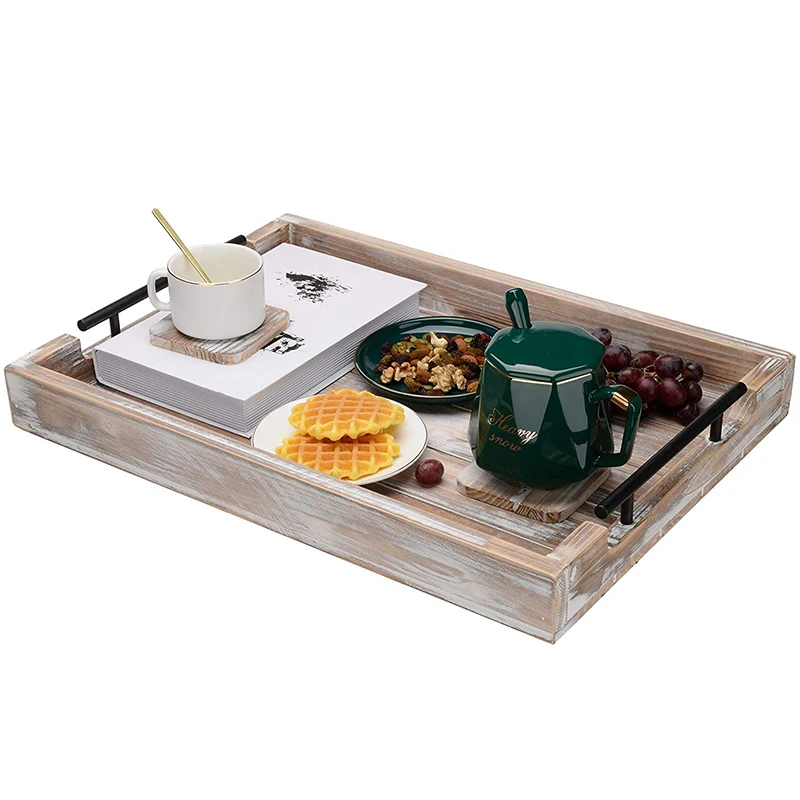 Home Decor Farmhouse Tray Coffee Table Tray Rustic Ottoman Decorative Wooden Serving Tray with Metal Handles