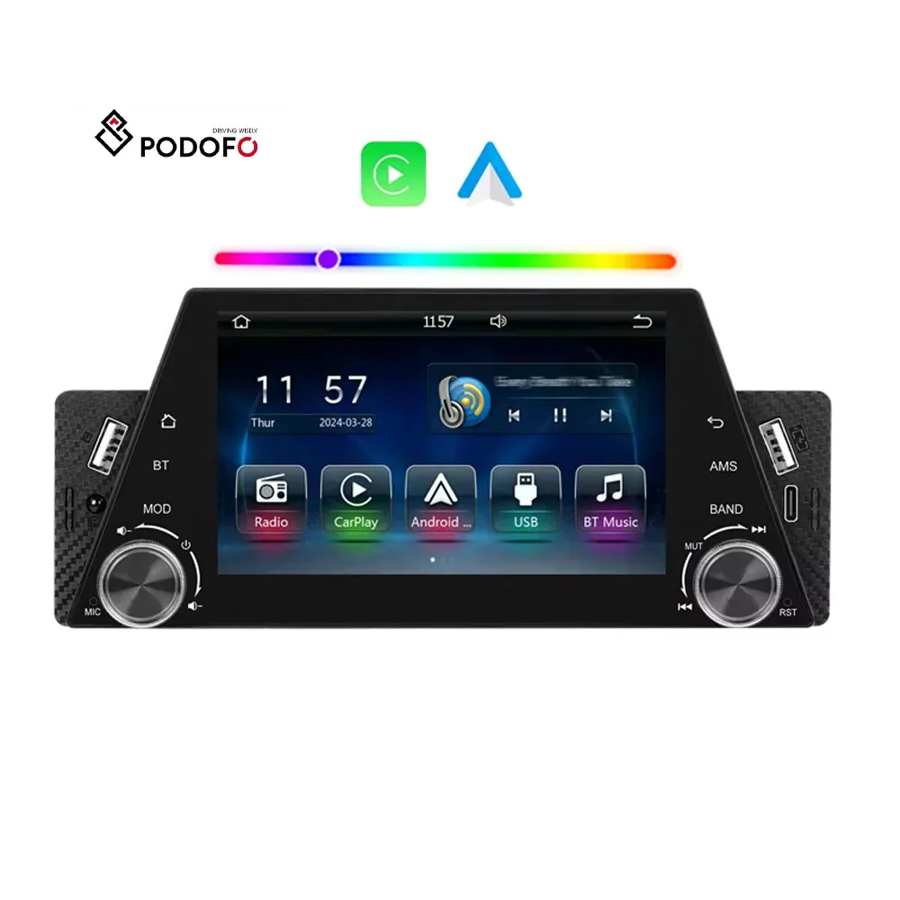 Podofo Single Din Car MP5 Player Car Stereo With Carplay Android Auto 1 Din 5 Inch Car Radio FM BT USB Type-C Port Dropshipping