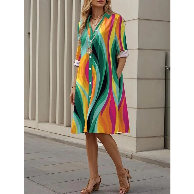 Hansilu New Multi-color Check Diamond Lattice Mosaic 3D Digital Print Loose Elegant Shirt Dress for Women