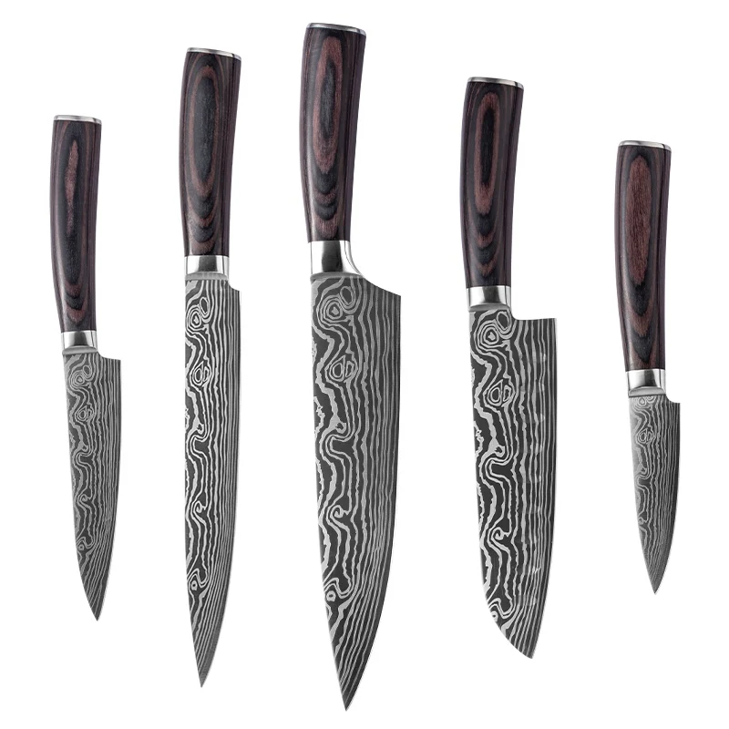 Damascus Laser Patterns Kitchen Japanese Knives set with Pakka Color Wood Handle Stainless