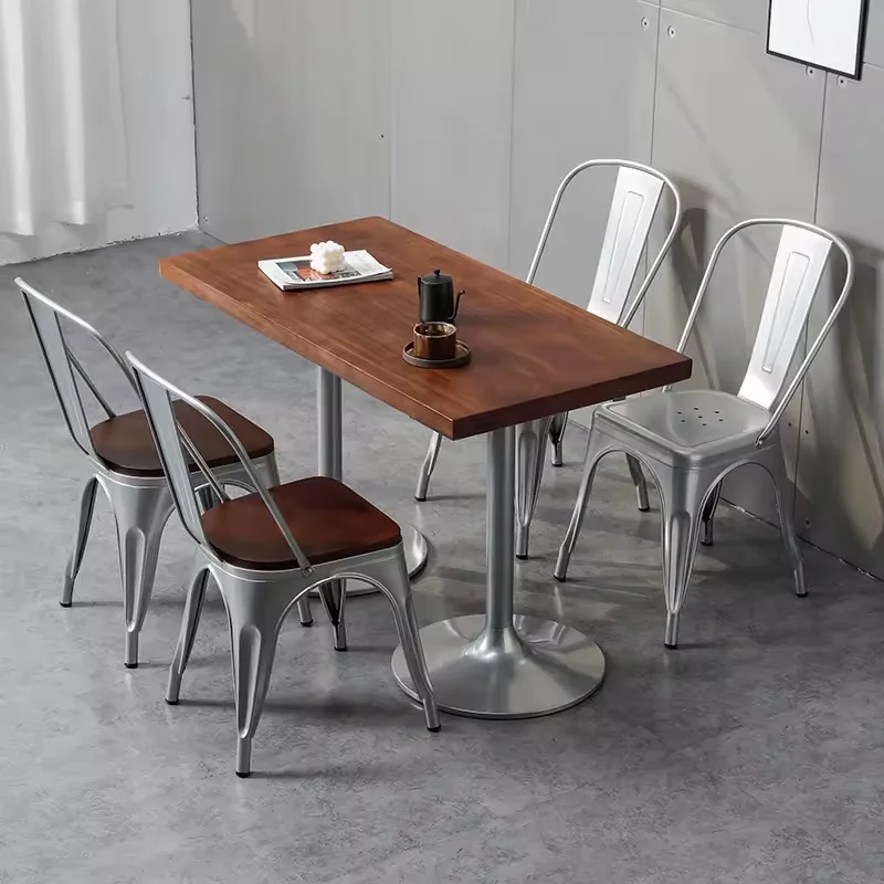 Factory Made Cheap Durable Industrial Stackable Vintage Metal Restaurant Cafe Dining Tolixes Chairs Tables Pine Wooden table top