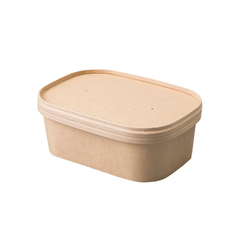 Disposable kraft paper square rectangular box takeaway lunch snack box green salad packaging bowl with cover.