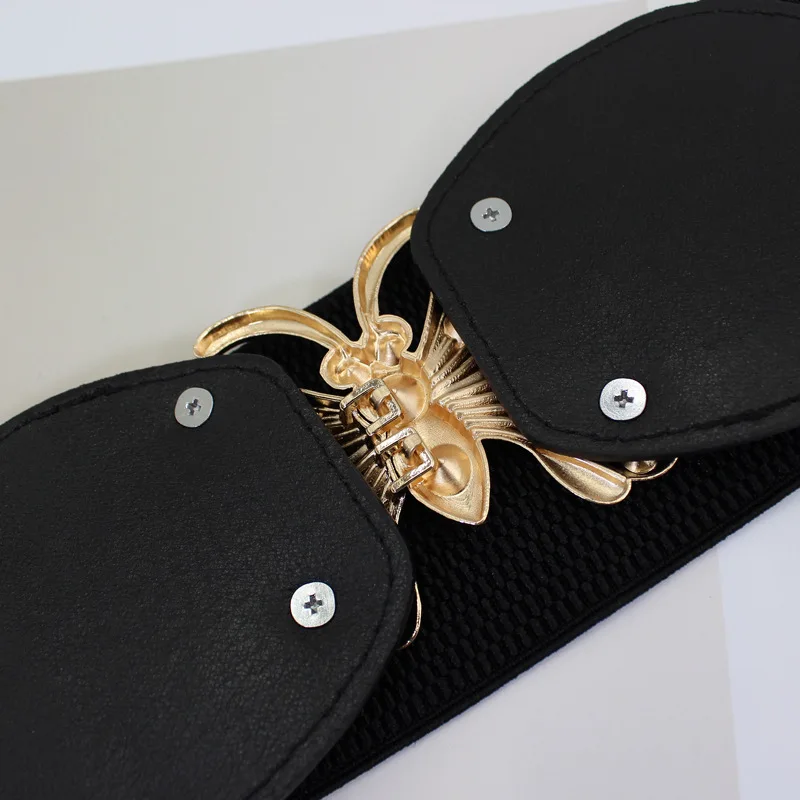 Женский черный ремень для юбки пальто, женский эластичный широкий пояс со стразами и металлической пряжкой-бабочкой