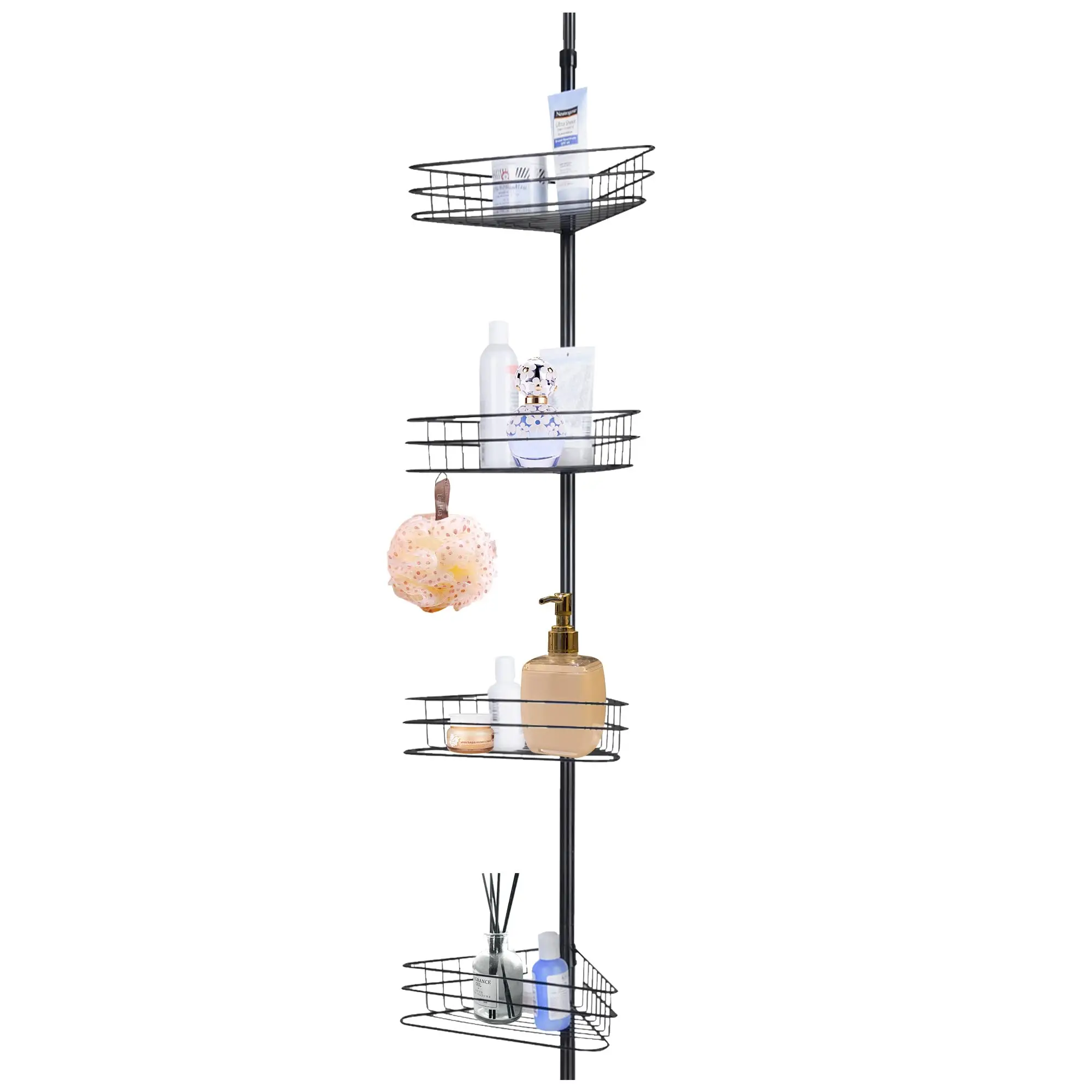 4 Tier Metal Bathroom Telescopic Corner Shower Shelf Caddy Pole Wall Rack Storage Organizer