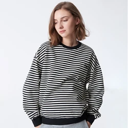 Winter Pregnant Clothes Round Neck Striped Pullover Cotton Loose Maternity Women Sweater