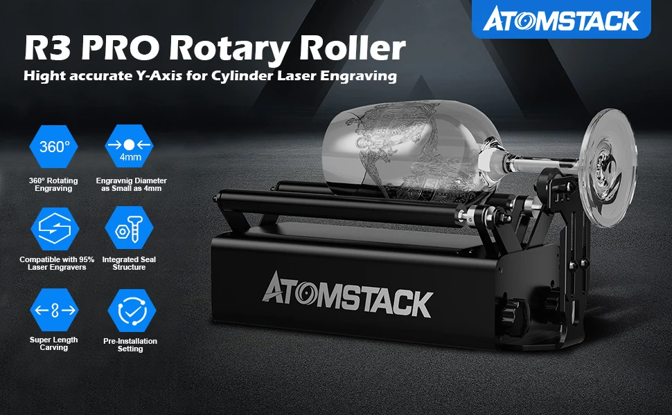 ATOMSTACK R3 Pro Многофункциональный вращающийся зажимной роликовый поворотный патрон 4 в 1 для лазерной гравировки круглых нерегулярных объектов