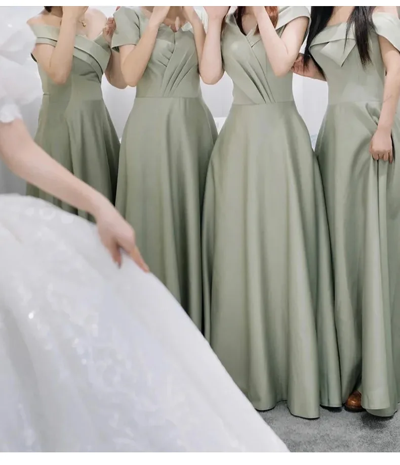 Ready to Ship Party Dress Long Wedding Guests Prom Dress Green Satin Bridesmaids Dress