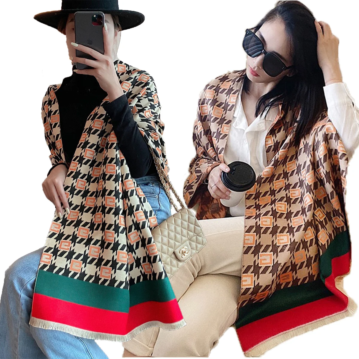 Hot selling winter pashmina scarf double-sided letter printing warm soft cashmere shawl