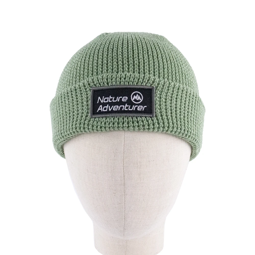 Warm & Comfort Wholesale Unisex 100% Acrylic Green Winter Knitted Beanie with Custom Woven Patch Merrow Edge Logo